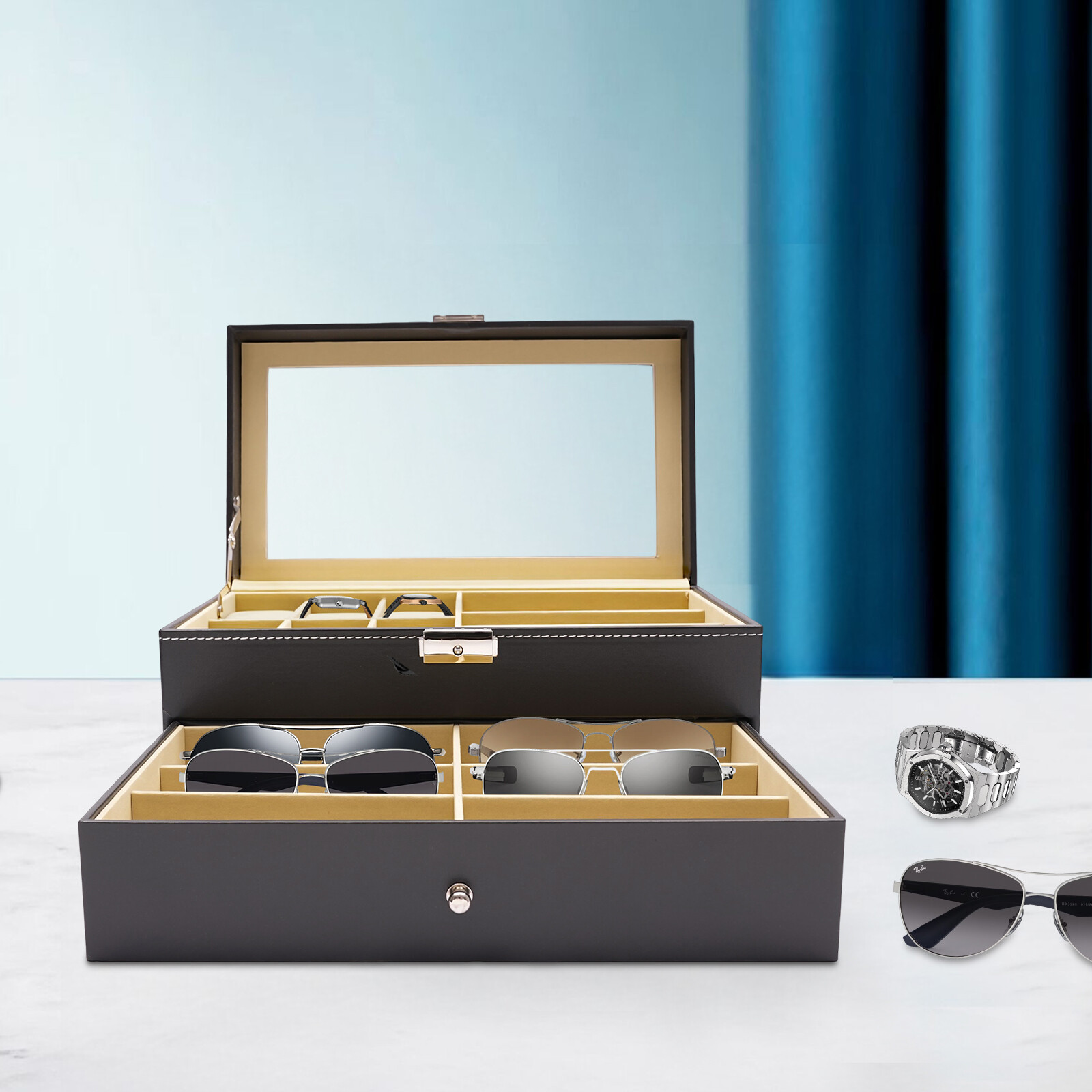 Watch Box PU Case Organizer 15 Slots Sunglasses Drawer Storage And Display