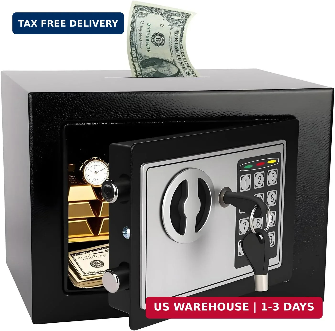 Mini Electronic Safe Box with Digital Keypad & Keys, 0.23 Cubic, 9.06"Wx6.69"Dx6
