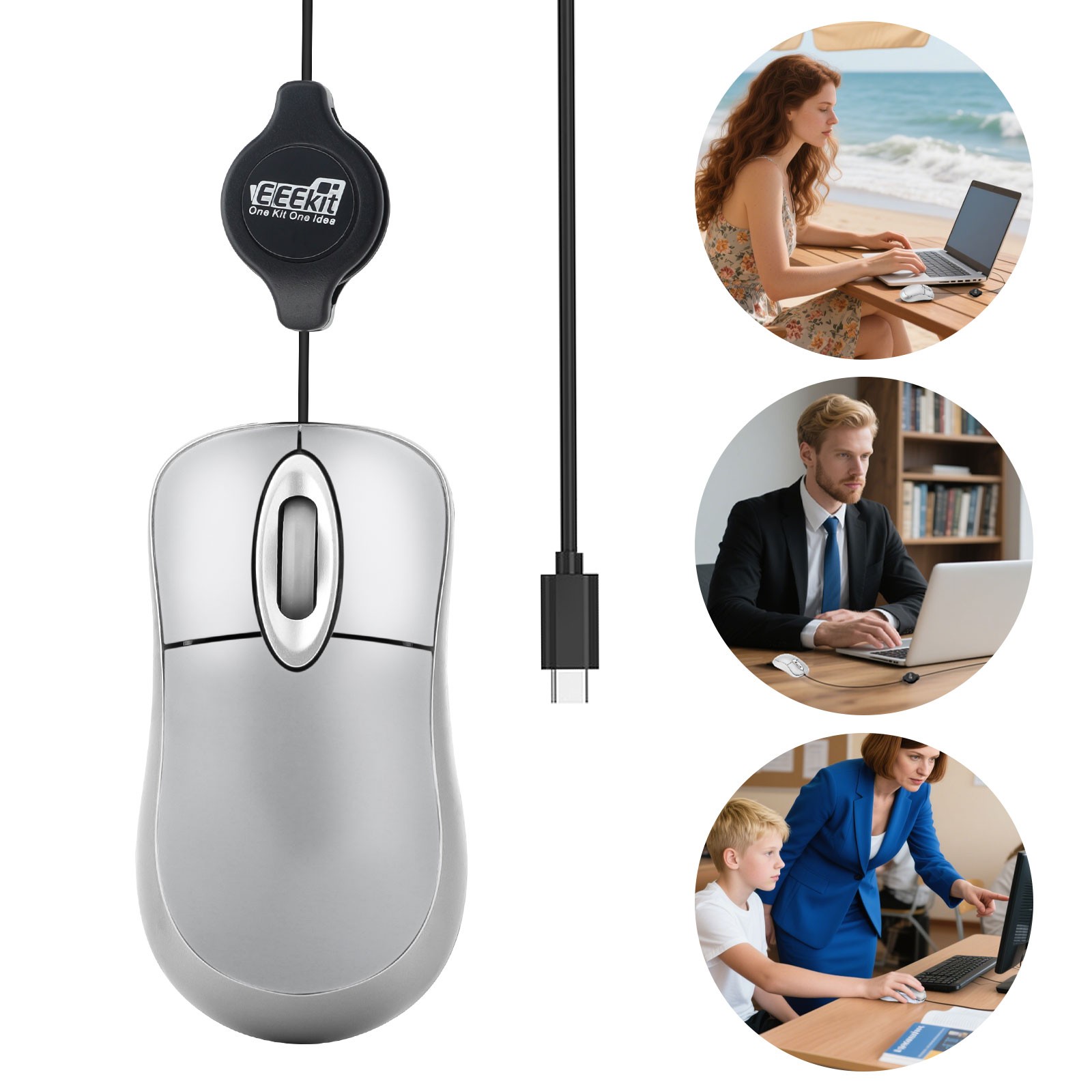 USB C Mini Mouse with Retractable Cord 3-Button Optical Mouse for Laptop/Desktop