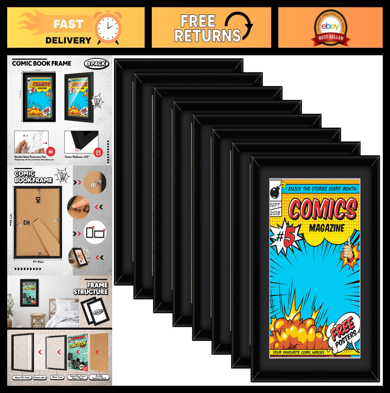 8 Pack Comic Book Frames UV Protection Wall Mount Display for Magazines & Pictur