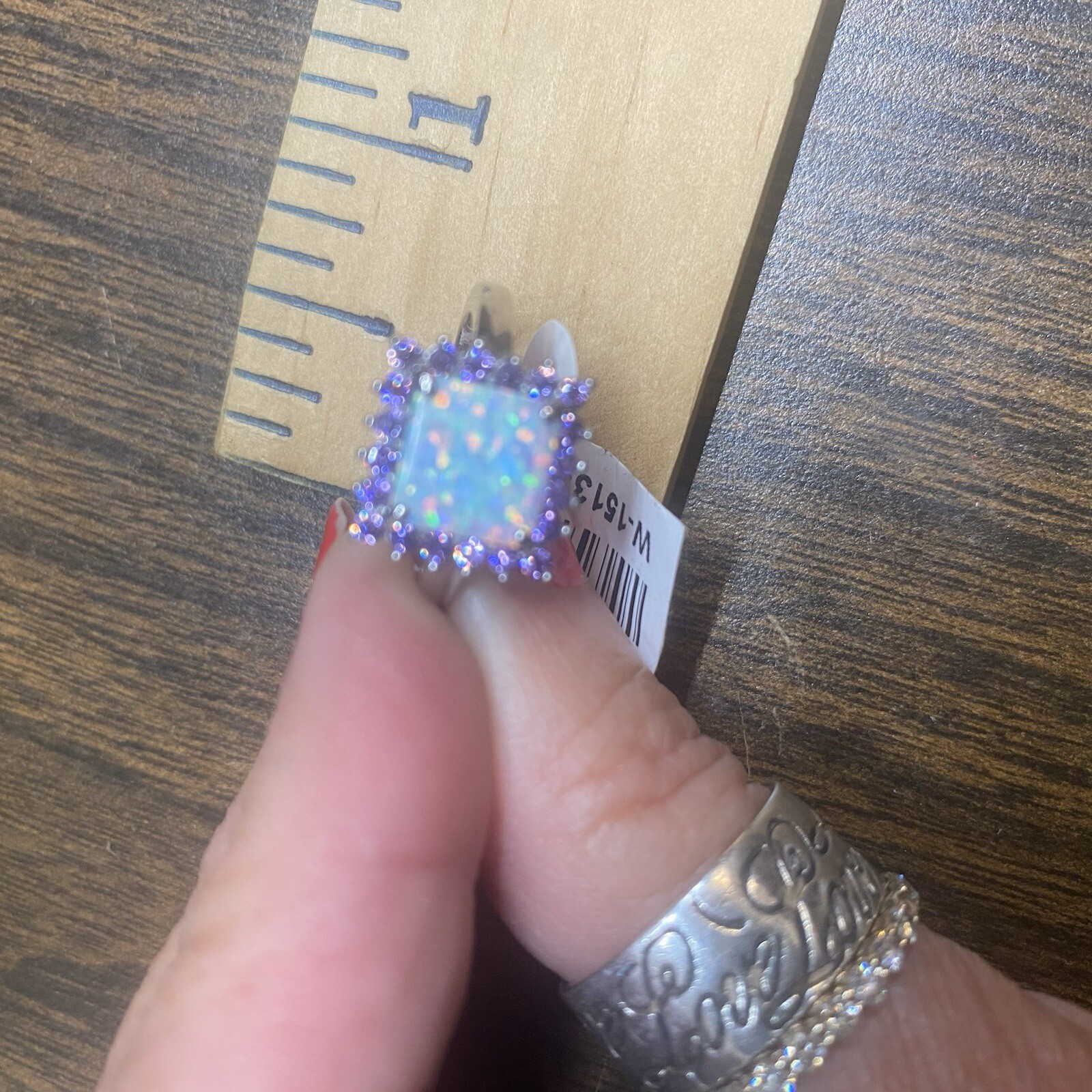Sterling Silver Created Opal And Amethyst CZ Ring Rhodium Plated