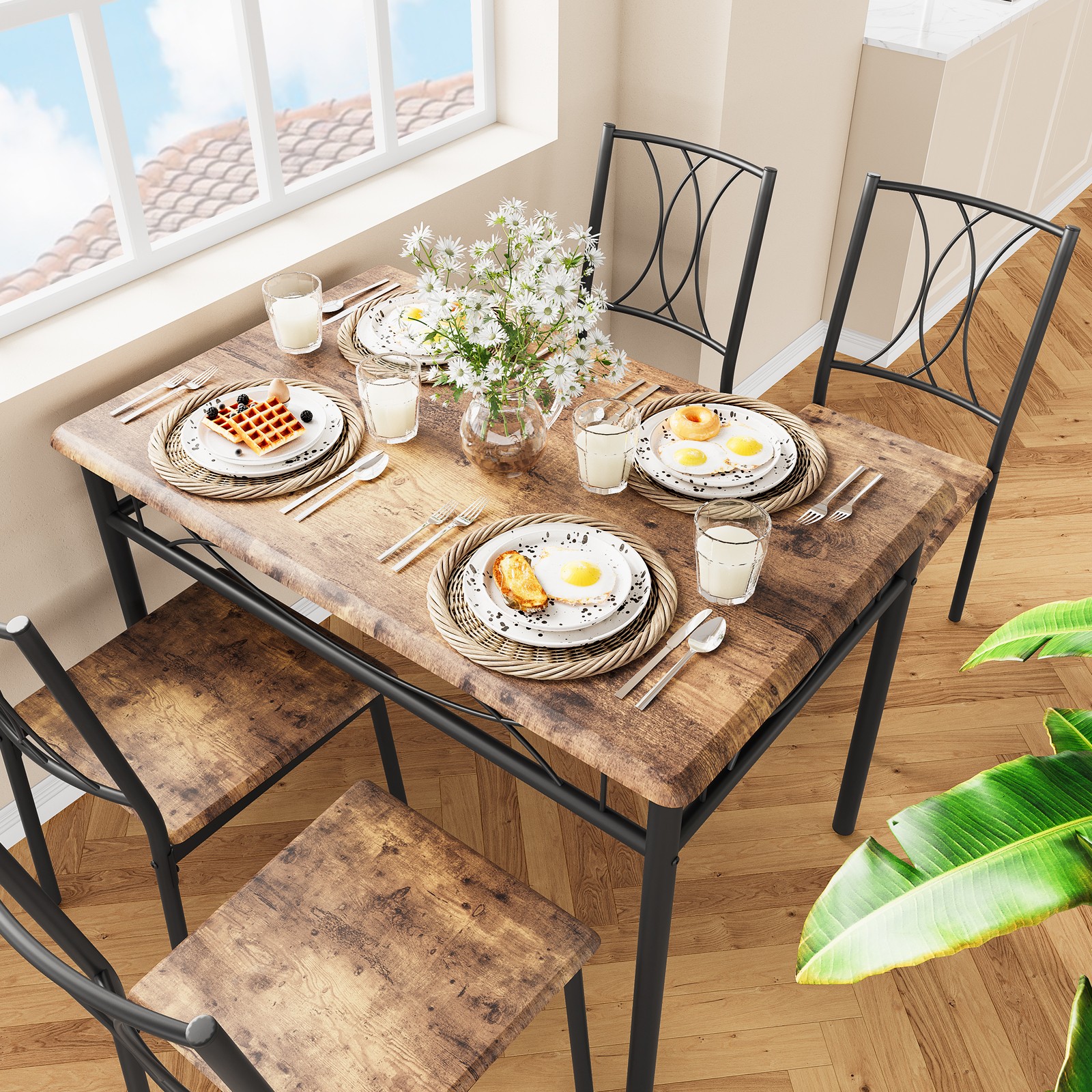 5 Piece Dining Table Set for 4 Rectangular Metal & Wood Table with 4 Chairs