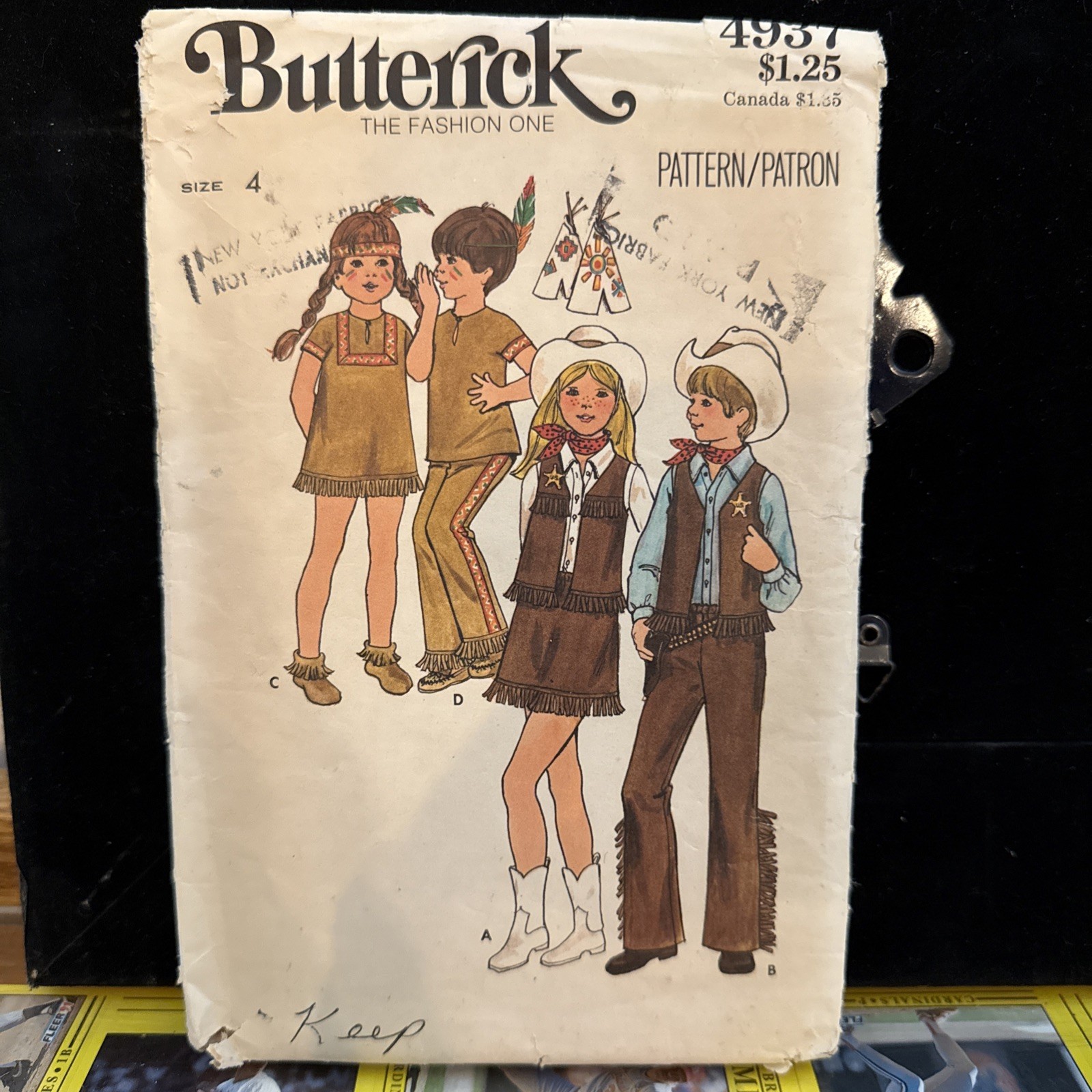 Butterick 4937 Children's Costume Western Cowboy Indian Sewing Pattern Size 4