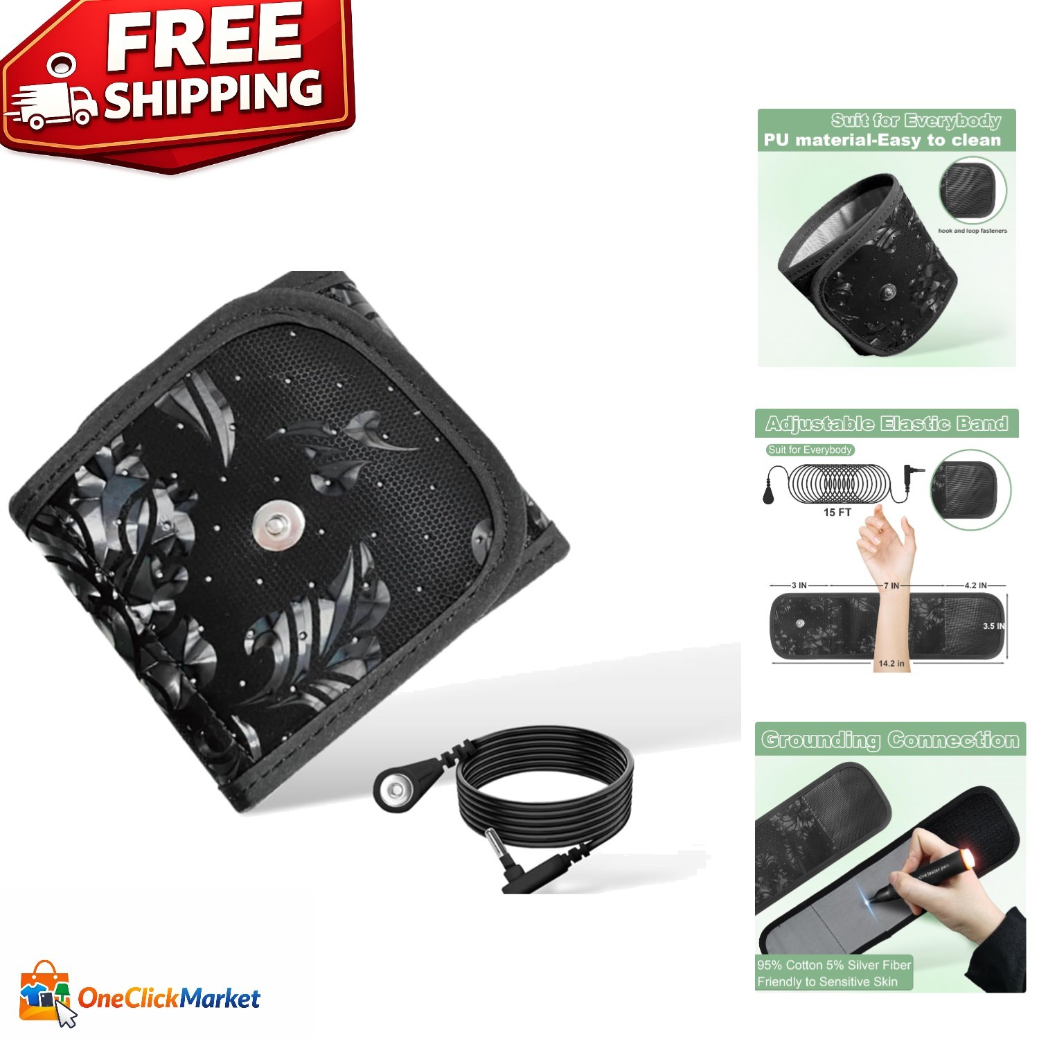 Adjustable Grounding Wristband with 15ft Cord - Relieve Stress & Pain Naturally