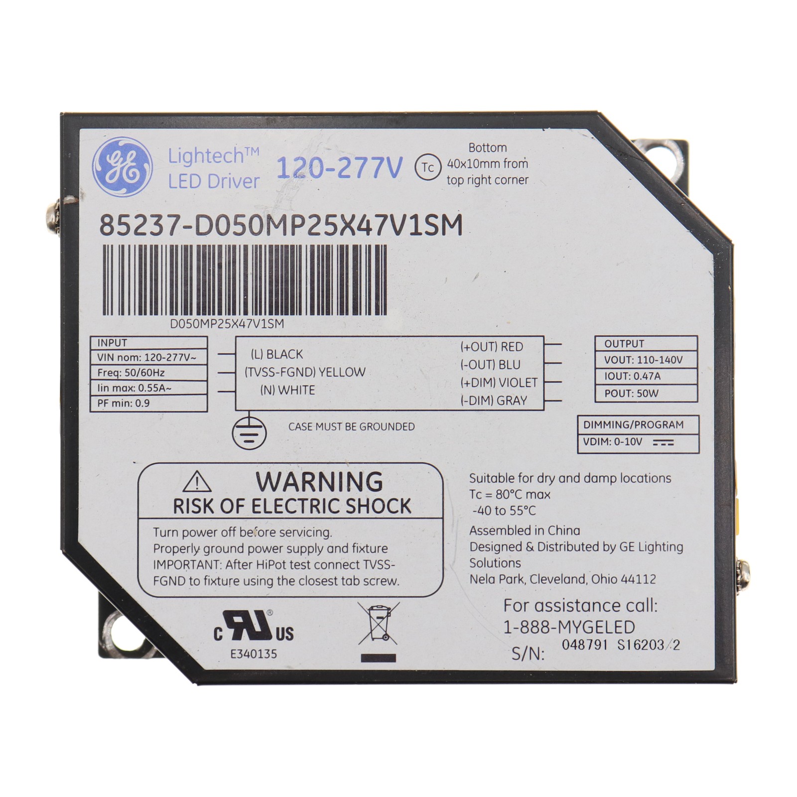GE D050MP25X47V1SM 85237 0-10V DIMMING LED DRIVER, 50W, 110-140VDC, 120-277V