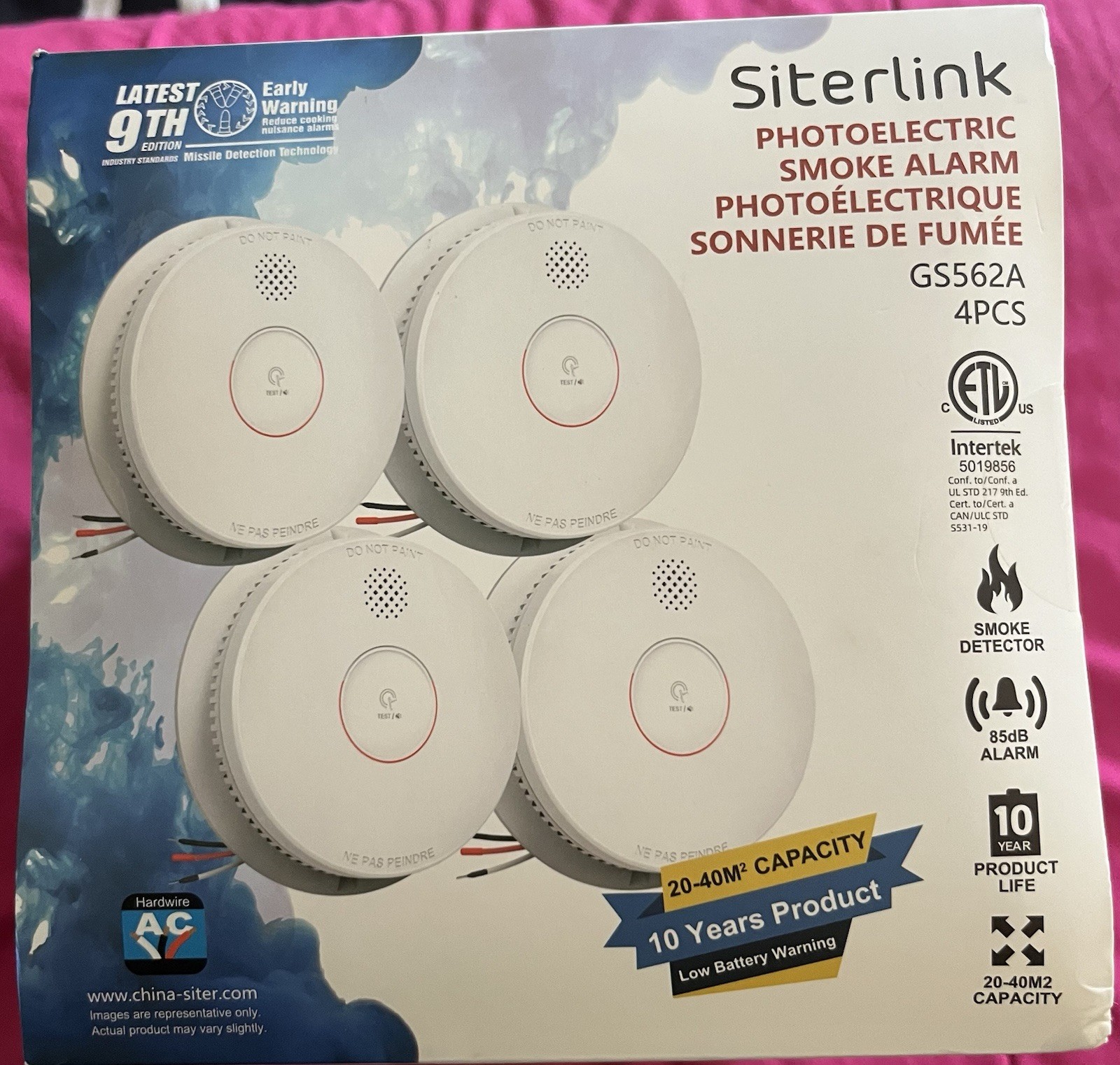 Siterlink 4 Pack  Hardwired Interconnected Smoke Detectors, Fire Alarm GS562A
