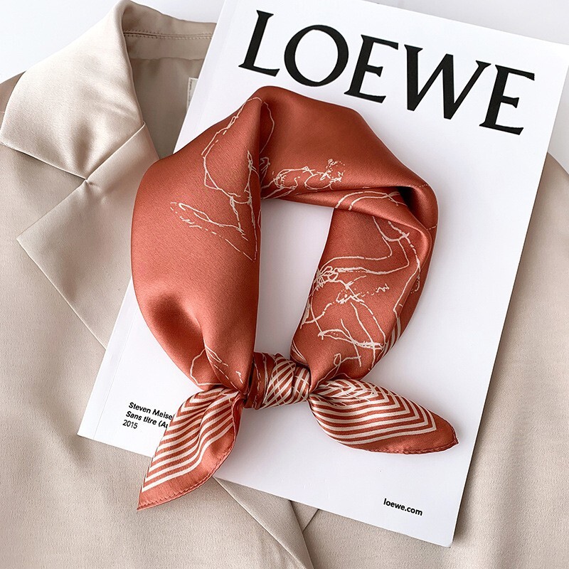 100% Silk 20'' Scarf Bandana Women Fashion Orange Scrawl Print Small Kerchief