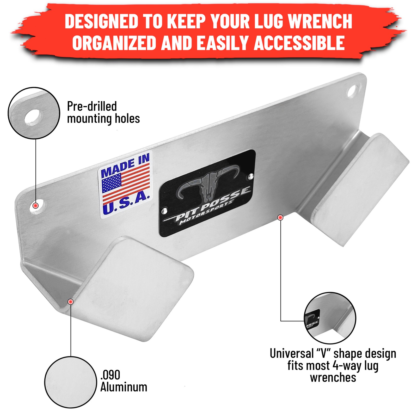 Wall or Toolbox Mount Storage for Aluminum 4‑Way Lug Nut Wrench Holder Bracket
