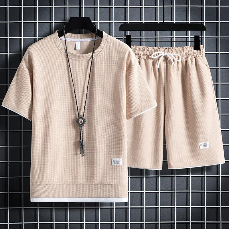 Men's new Waffle Summer Suit 2024 Casual T-shirt + Shorts Suit Men's