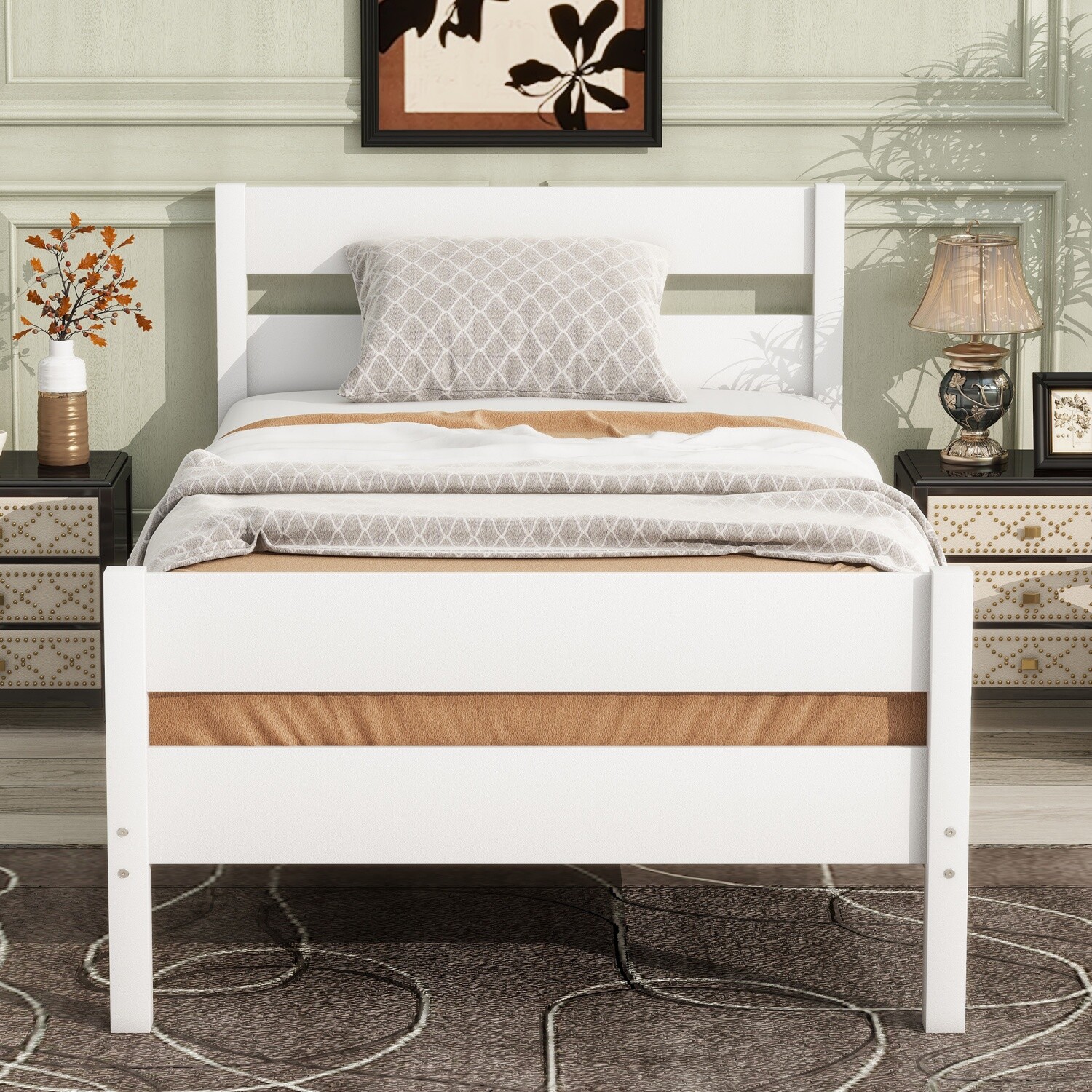 Twin Size Bed Frame Wooden Platform Bed Frame with Headboard White/Espresso