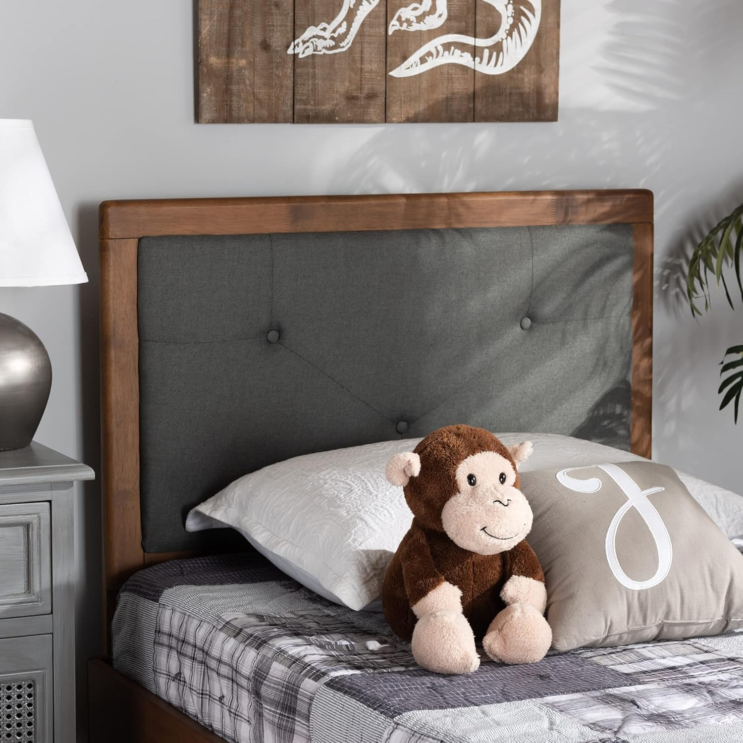 Modern Dark Grey Fabric Twin Headboard with Walnut Brown Finish