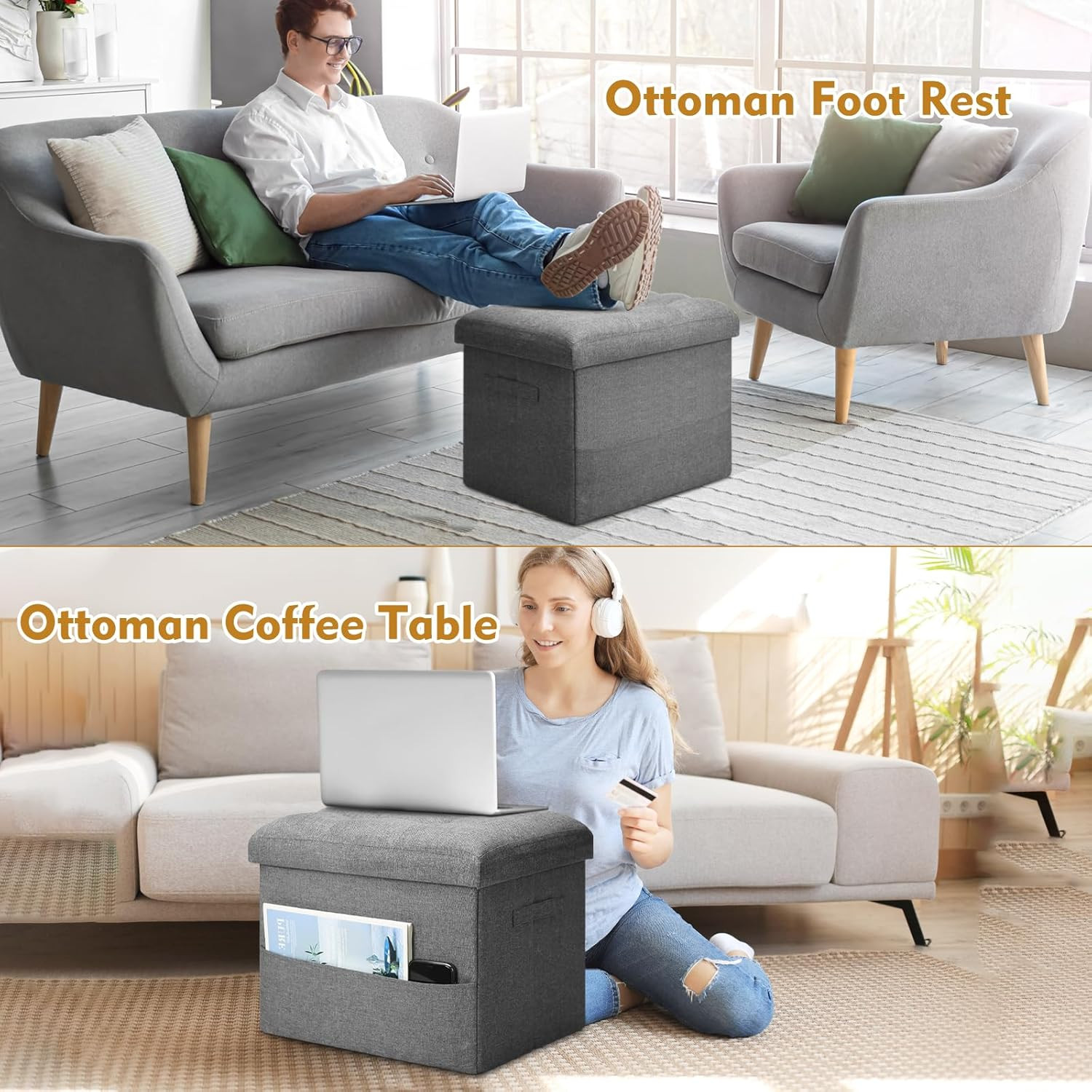 Storage Ottoman with Extra Thick Foam Padded Seat, Foldable Foot Rest Stool with