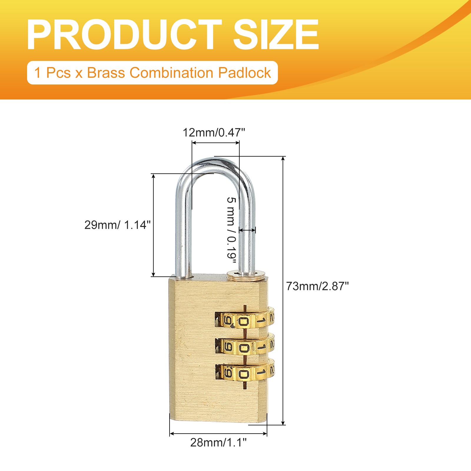 Brass Combination Lock 2.8", 3 Digit Resettable Combination Padlock Gold