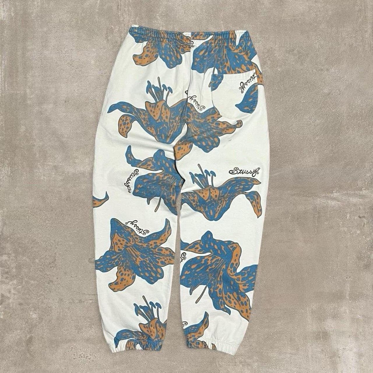 Stussy White Floral Sweatpants Men's Size Medium Tapered Leg Authentic
