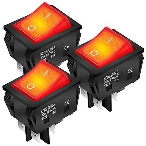 30A 250V KCD2 KCD4 Rocker Switch DPST 4 Pin Red Lighted 120V Rocker 125V