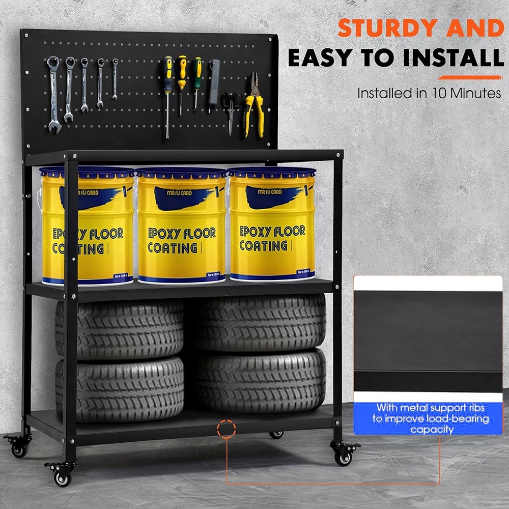 3-TIER HEAVY DUTY WORKBENCH WITH PEGBOARD LOCKABLE WHEELS FOR GARAGE WORKSHOP