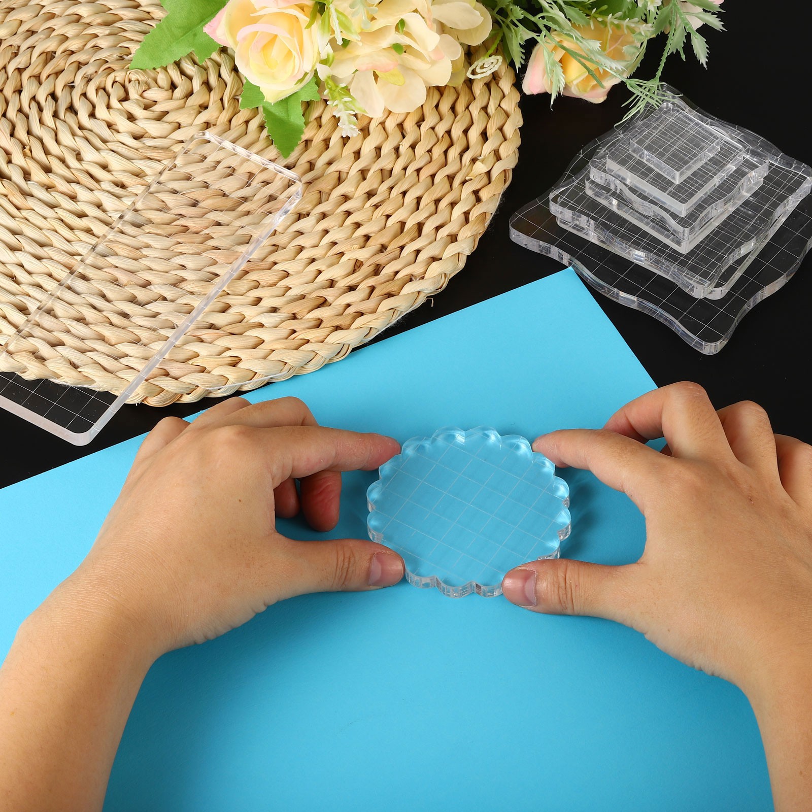 Acrylic Stamp Block, 5 Pack Round Shape with Grid Lines, 1"