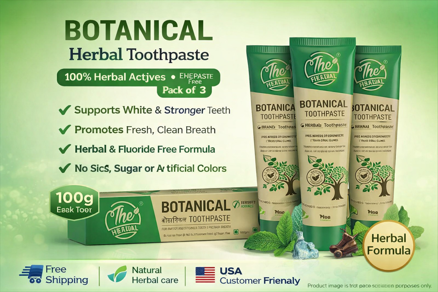 Botanical Herbal Toothpaste 100g Fluoride Free Breath Free Shipping Pack of 3
