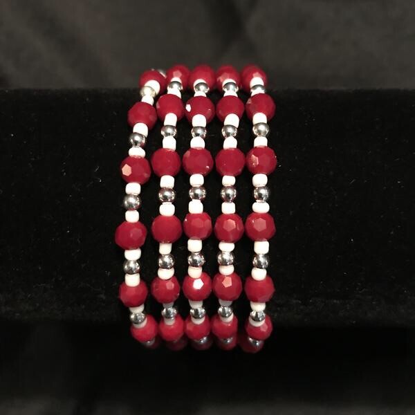 Memory Wire Bracelet Red And White Beads With Silver Plated Spacer Beads ‘Kim’