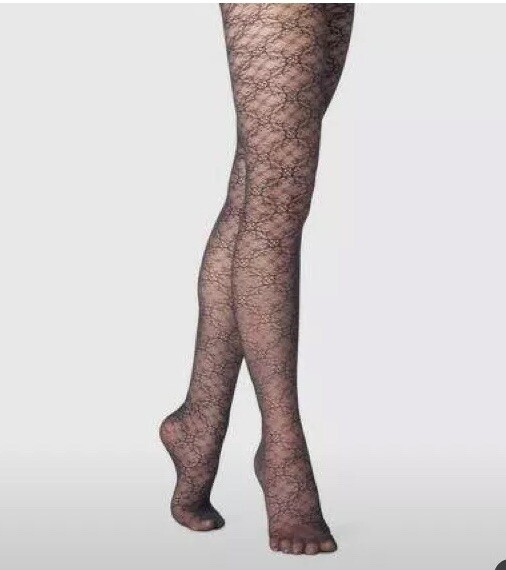 New Retro Vintage Boho a.new.day Black Floral Twist Fashion Tights  L/XL