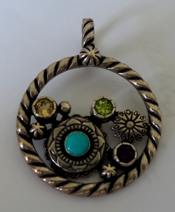 Vtg Carolyn Pollack Sterling Silver PENDANT BROOCH Multi Stones signed 1 1/2"x2"