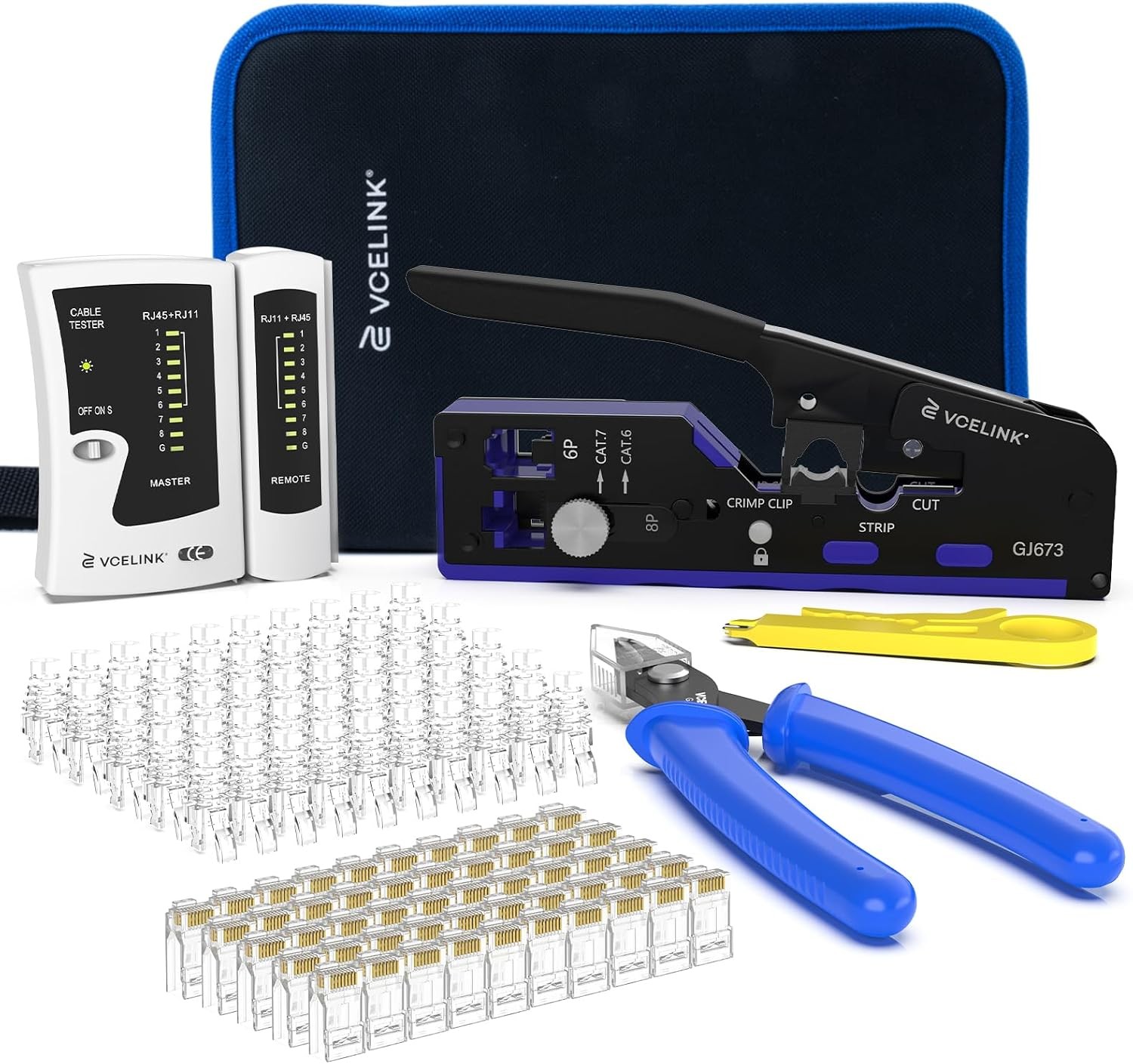 VCELINK Network Tool Set in Blue - RJ45 Crimp Kit with 50 Connectors, Tester & S