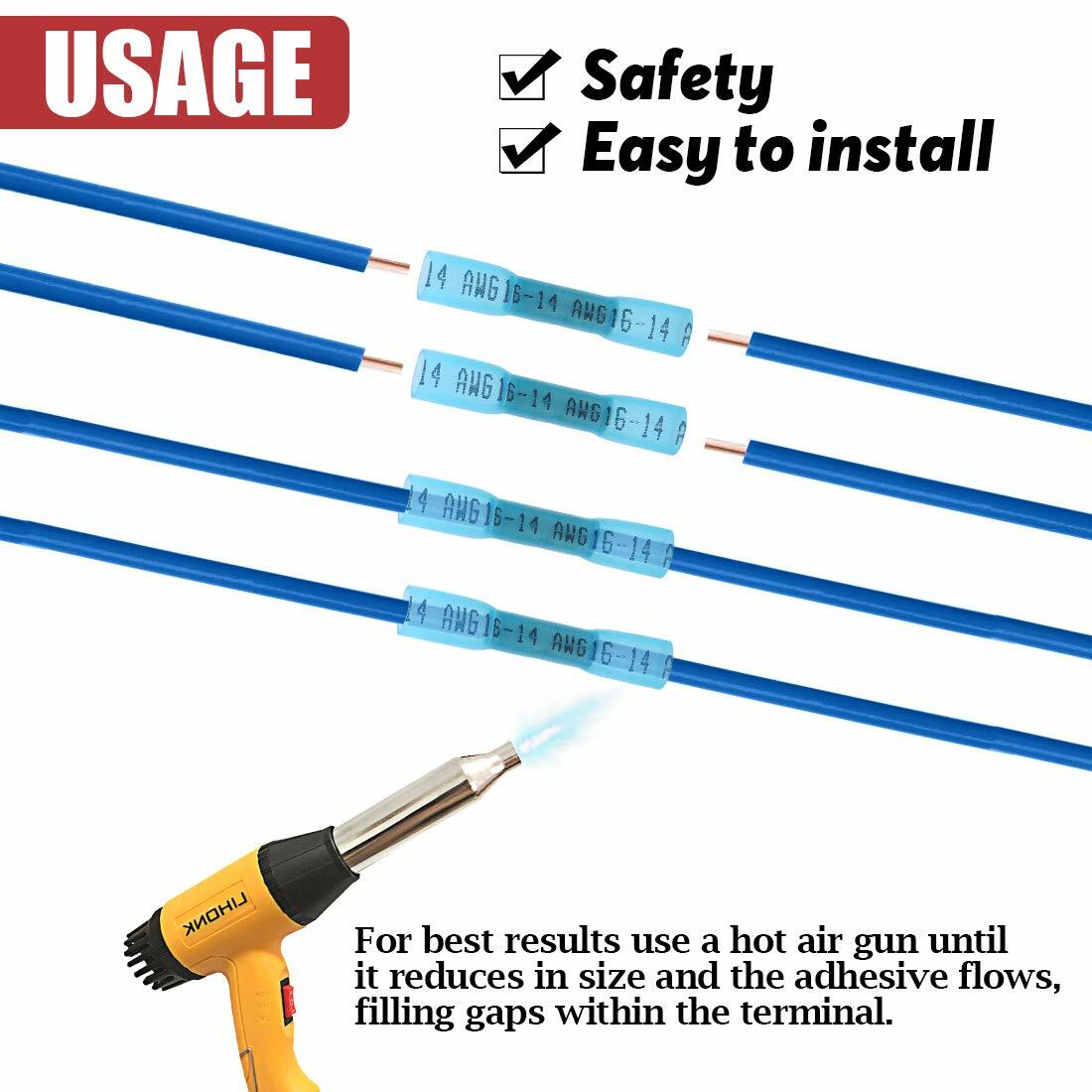 1000pcs Blue AWG Heat Shrink Butt Wire Connectors Crimp Terminals 14-16 Gauge US