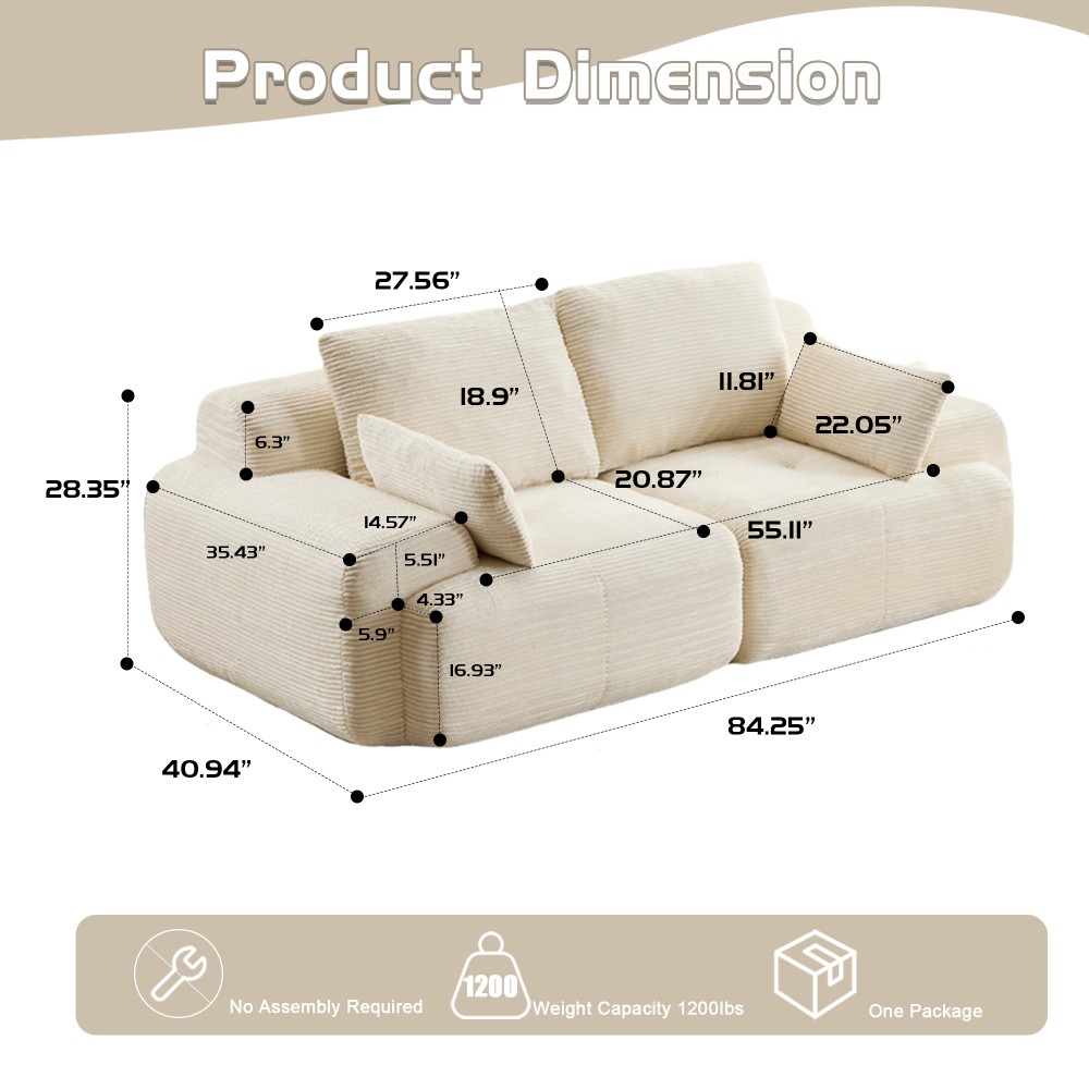 Modern Memory Foam Sofa, 2-Seater Corduroy Sectional w/ Deep Seat, Beige