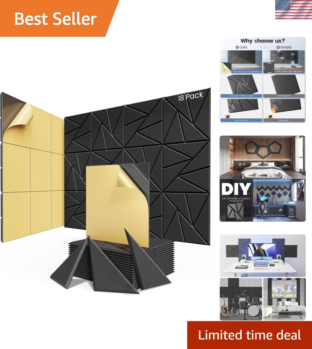 DIY Decorative Acoustic Panels - 18-Pack Black Soundproof Foam, 12" Size
