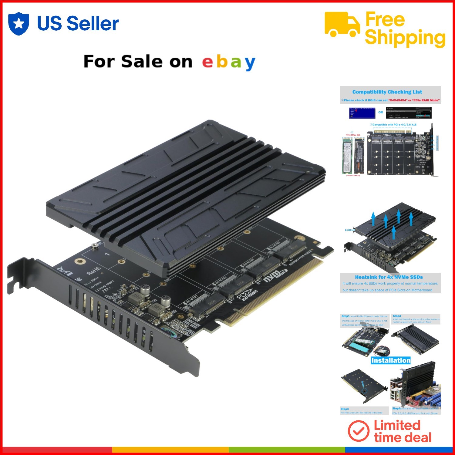 Quad NVMe PCIe Adapter 4-Port M.2 SSD Expand Card with Heatsink for Gaming Se...