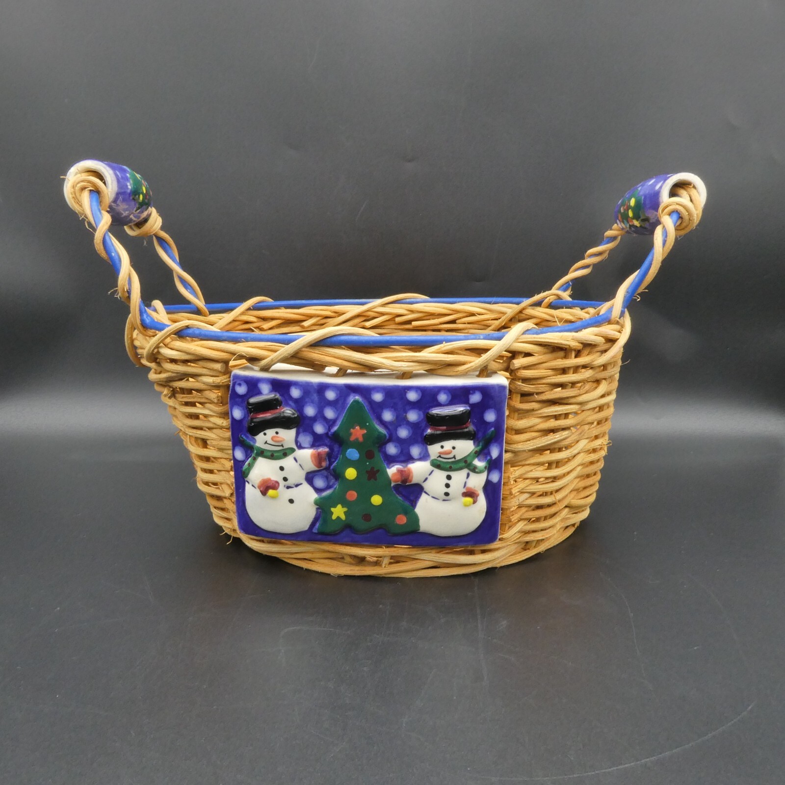 Snowman Christmas Tree Wicker Basket Porcelain Handles Blue Holiday Decor 10"