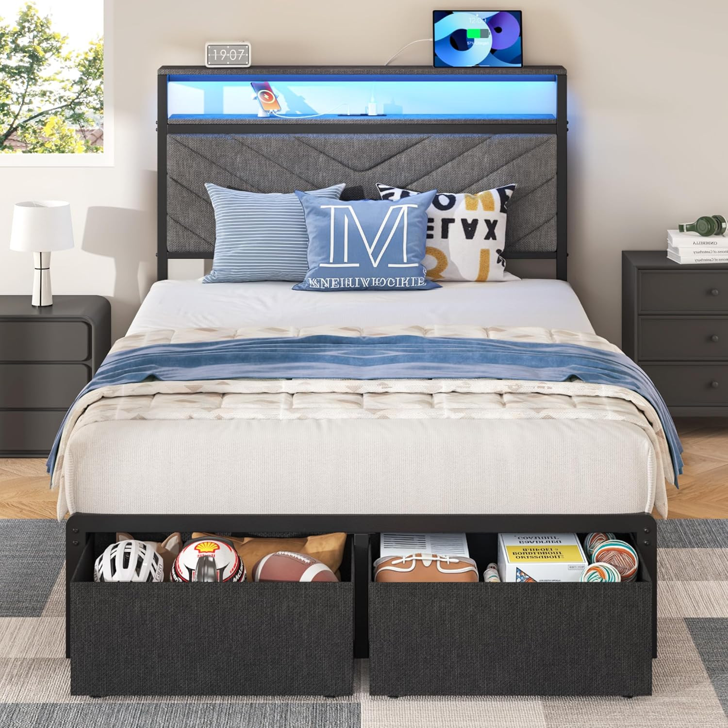 Twin Bed Frame with Charging Station, LED Lights & 2 Storage Drawers, Grey Platf