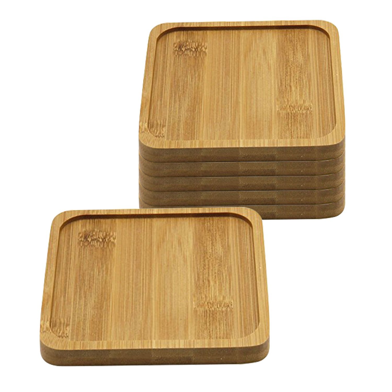 T4U 5" Bamboo Plant Saucer Set of 6, Square Tray for Succulents, Desk Protection