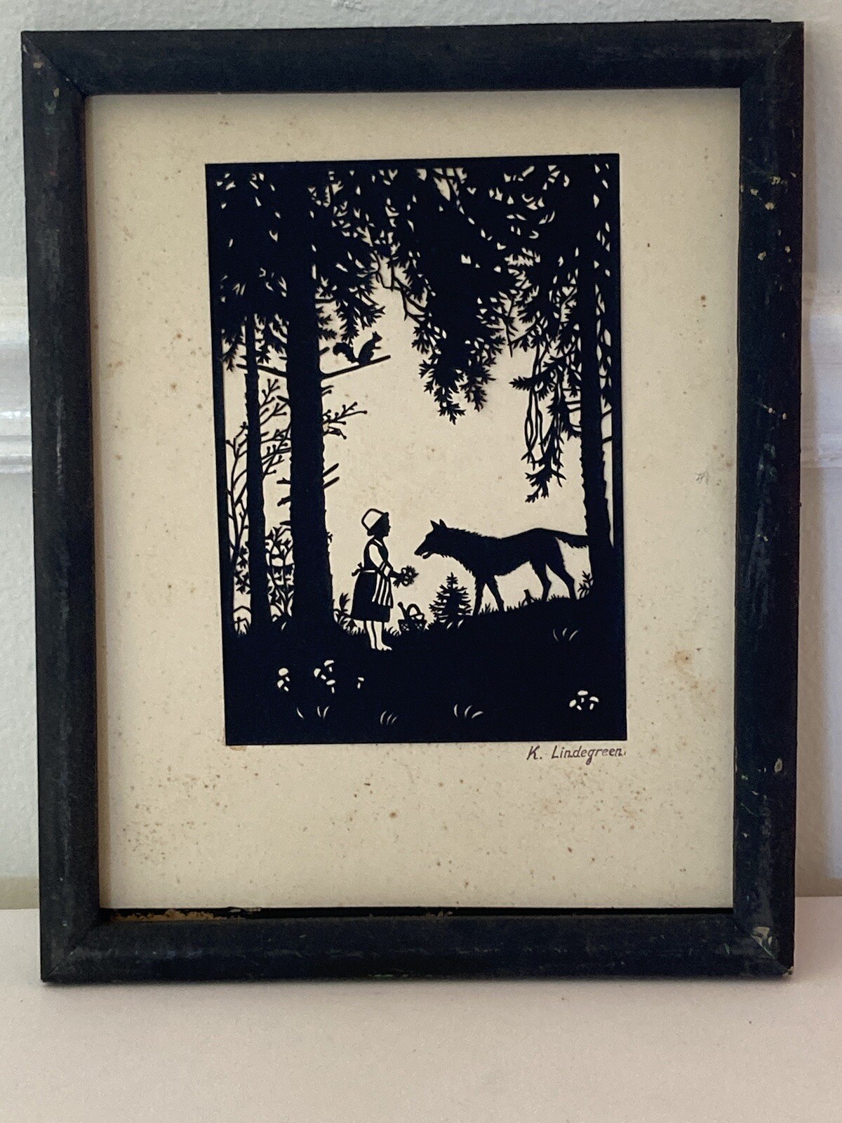 K Lindergreen Girl & Wolf Paper Cut Silhouette Framed Original Art Fairy Tale