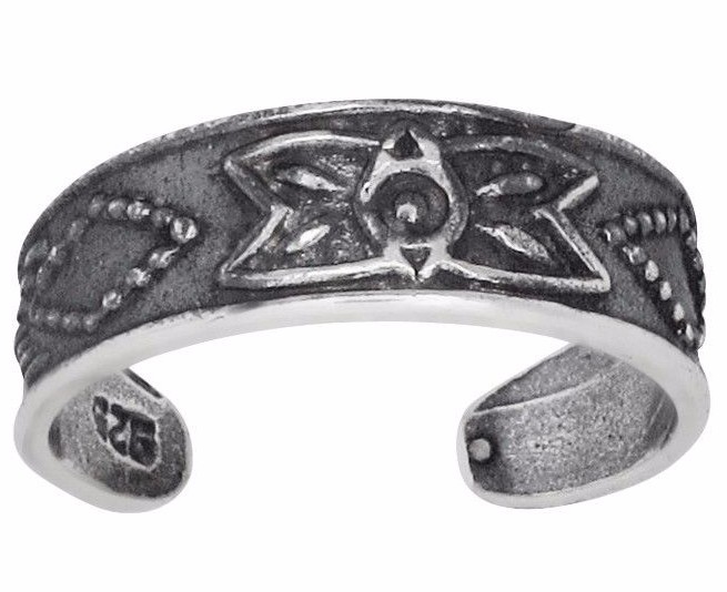 Sterling Silver .925 Flower Design Toe Ring Adjustable Size Oxidized Made In USA