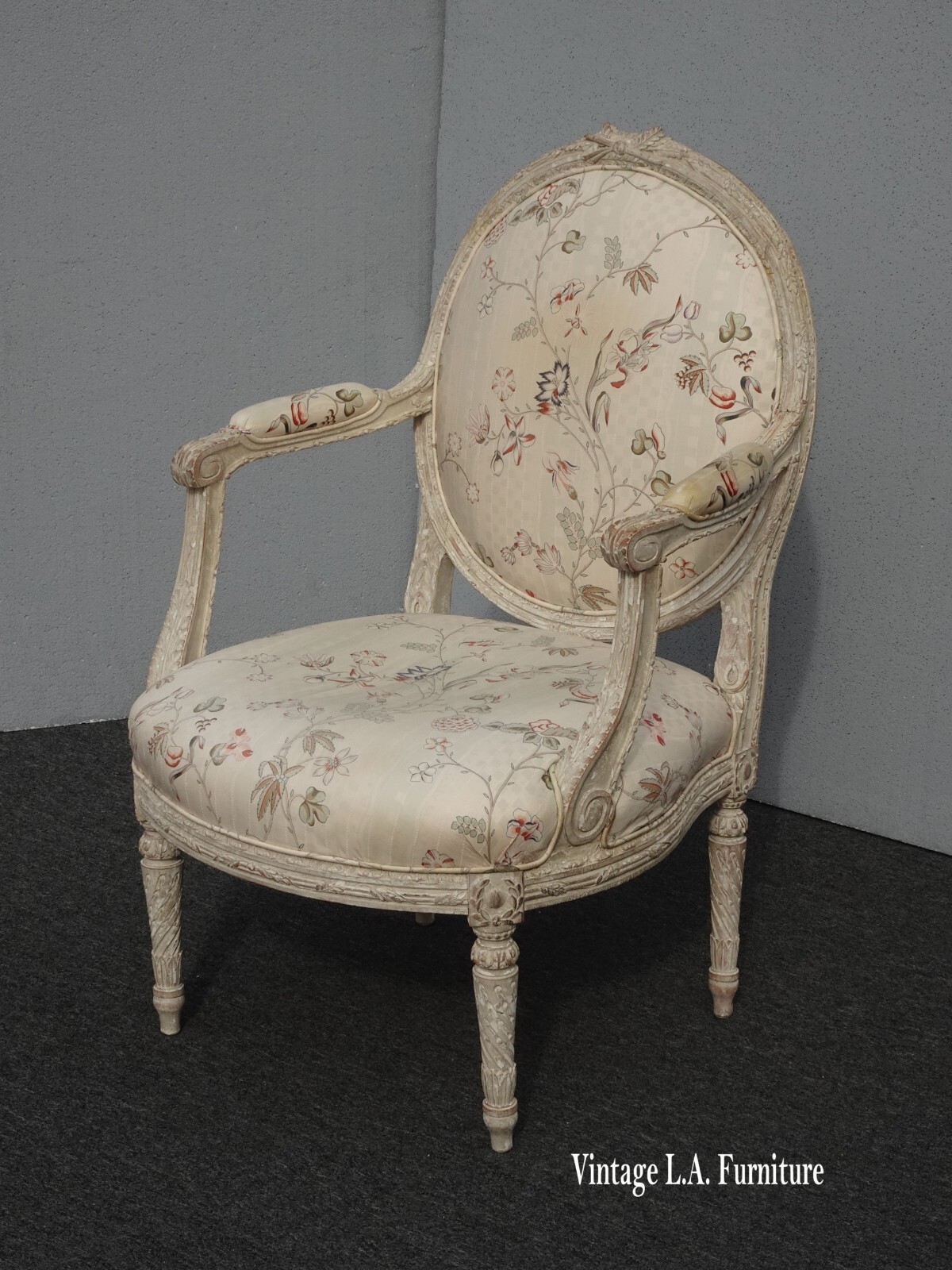 Vintage French Provincial Bergere Off White Floral Side Chair