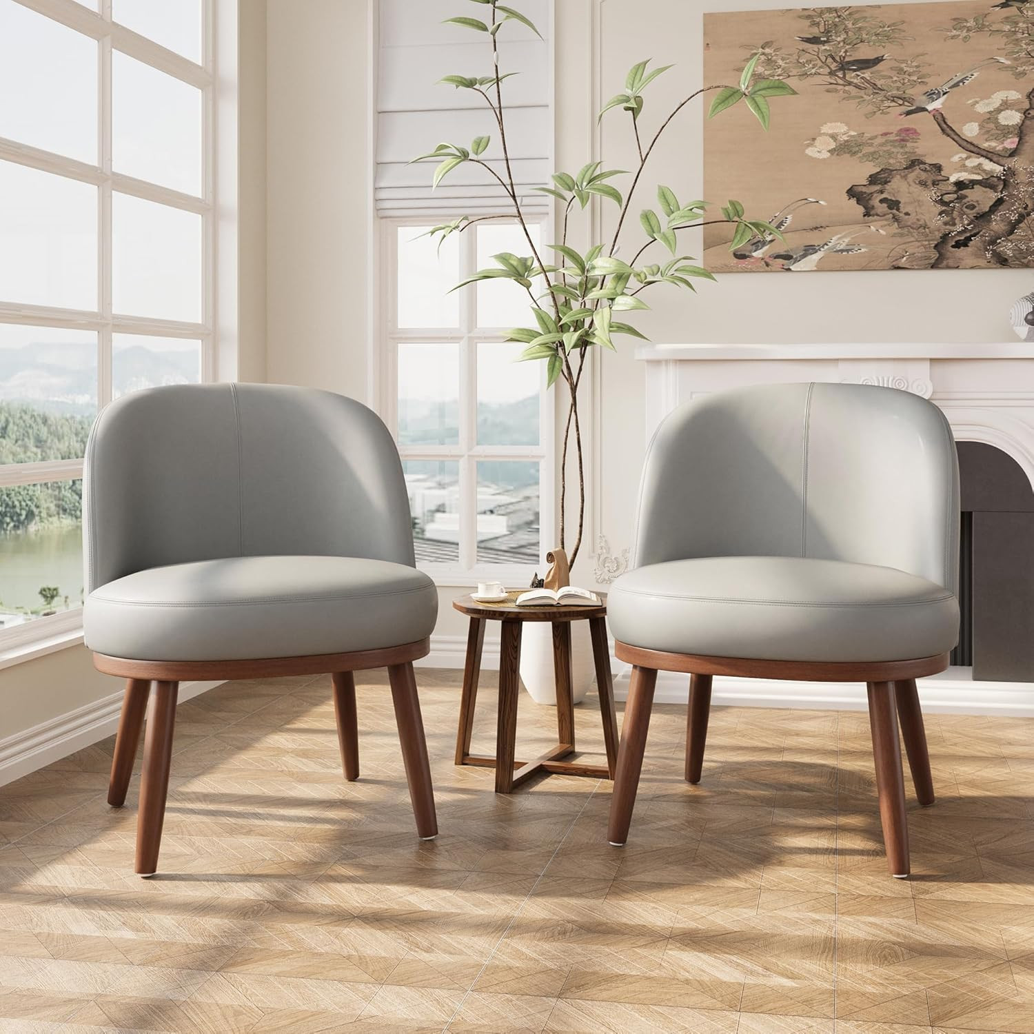 Accent Chair Mid-Century Modern Chair PU Leather Upholstered Armless Chair Set o
