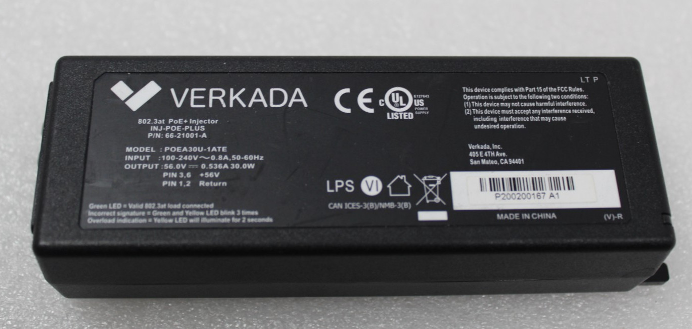 VERKADA 802.3AT POE+ Injector POEA30U-1ATE Port Power Over Ethernet 66-21001-A