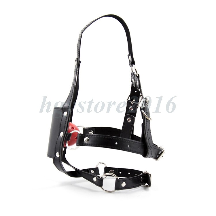 Faux Leather Head Hood Open Mouth Gags Muzzle Strap Half Face Restraint