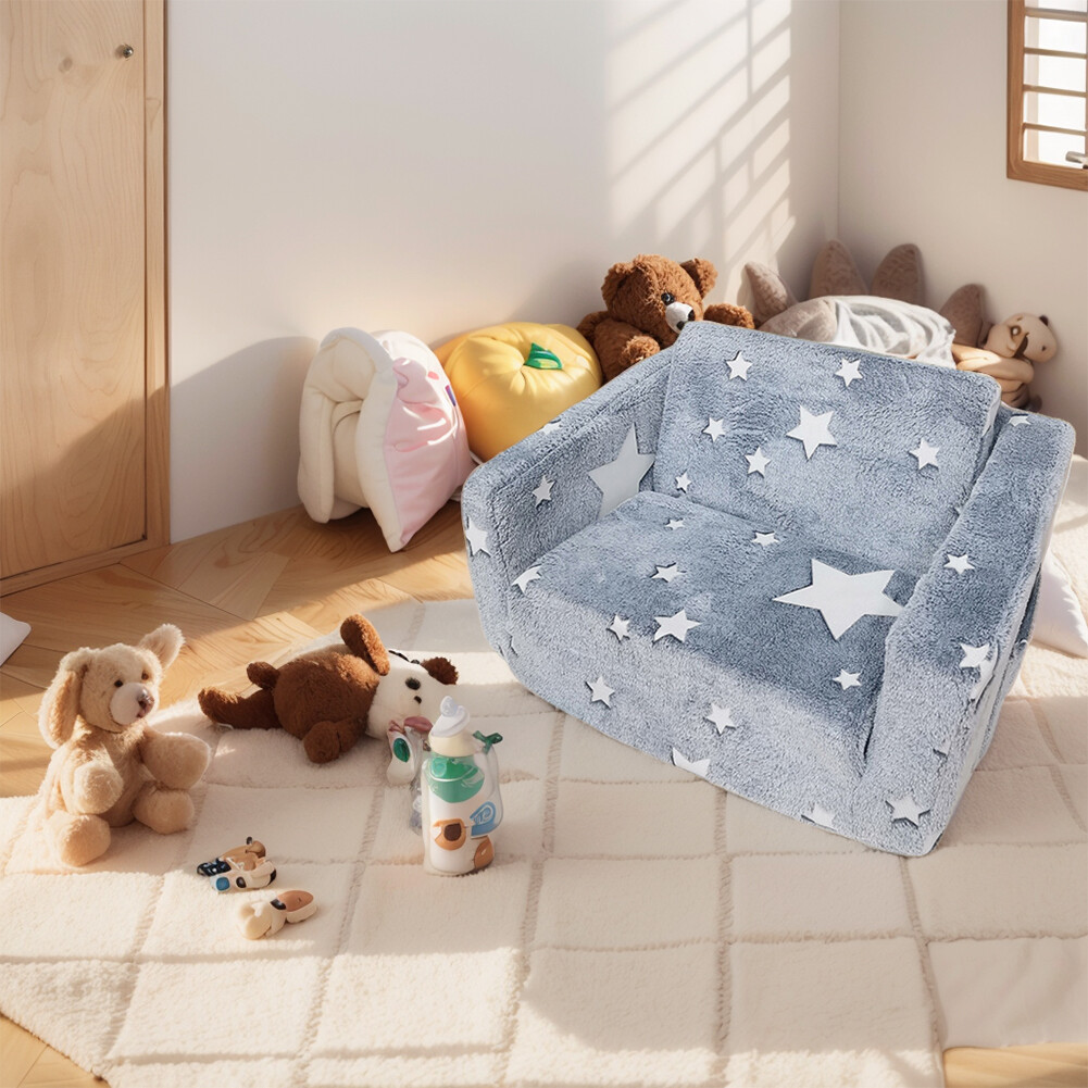 Toddler Kids Couch Convertible Sofa To Lounger for Girls and Boys (Gray Stars)