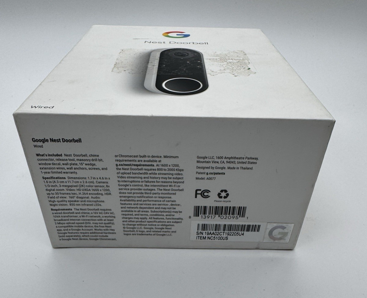 Google Nest Doorbell Camera A0077 Wired Video (Everything Included)