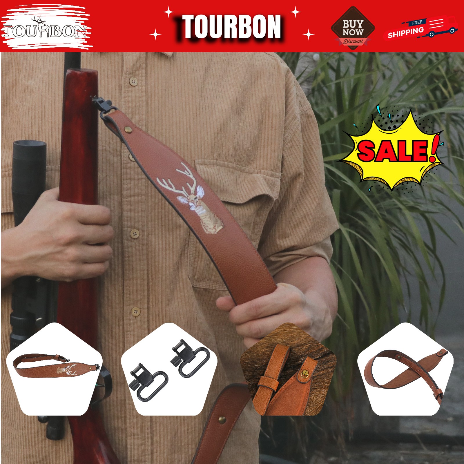 TOURBON Leather Rifle Sling Shotgun Carry Strap + 1 Pair Gun Swivels-Clearance