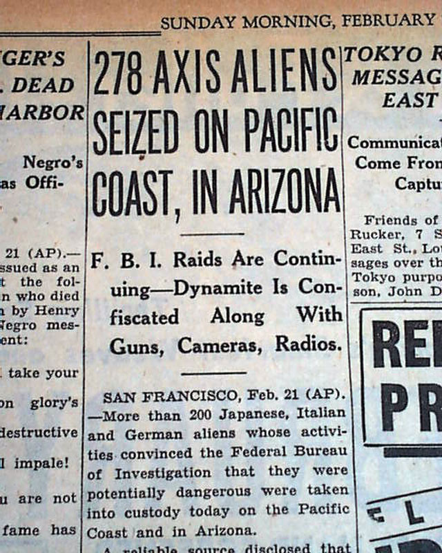 INTERNMENT of Japanese Americans FDR Alien Order World War II 1942 old Newspaper