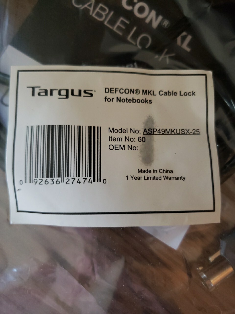 Targus Defcon MKL Cable Lock For Notebooks (ASP49MKUSX-25)
