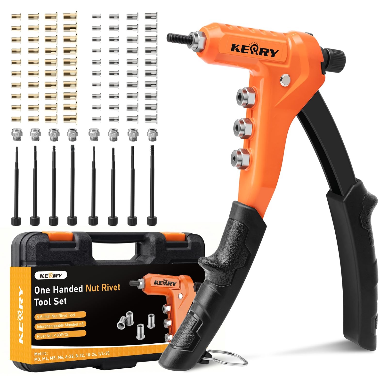 Kerry Rivet Nut Gun Tool, One-Handed Riveters 9.5" 9.5”, Orange and Black