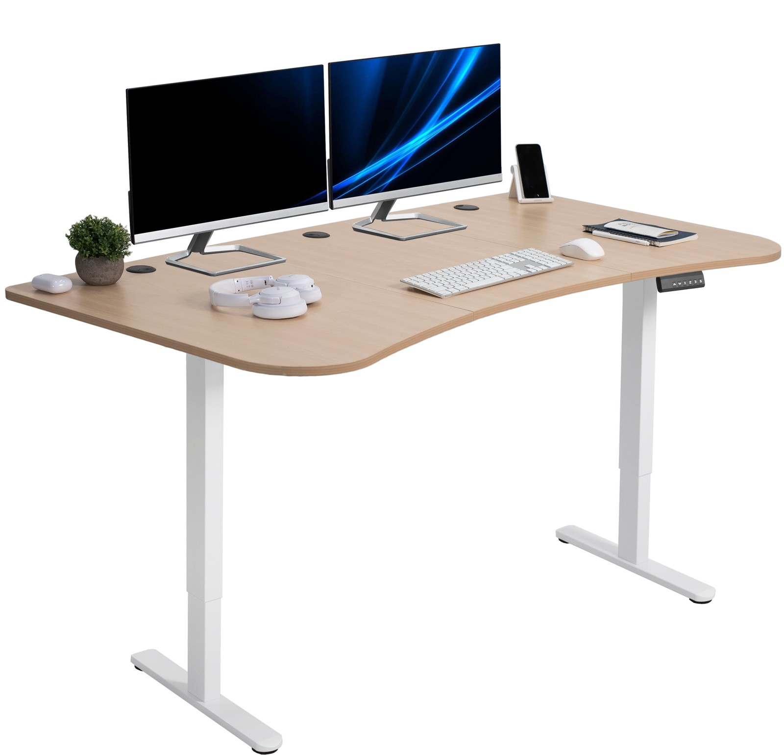 VIVO Electric 63” x 32” Stand Up Desk, Light Wood Table Top, White Frame