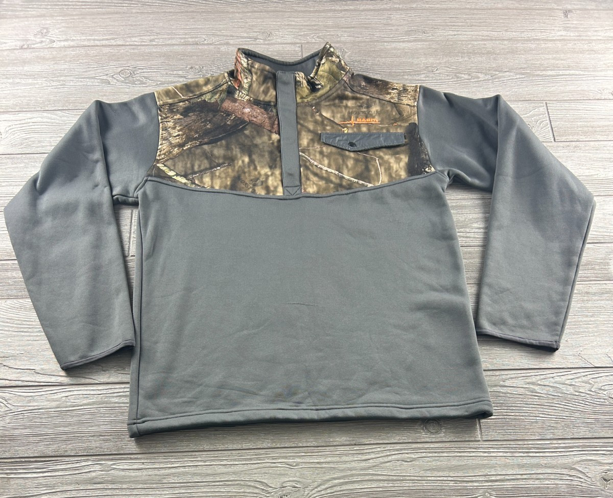 Mossy Oak Habit Hunting Fleece Lined Pull Over Gray Mens Size Large 1/4 Snap