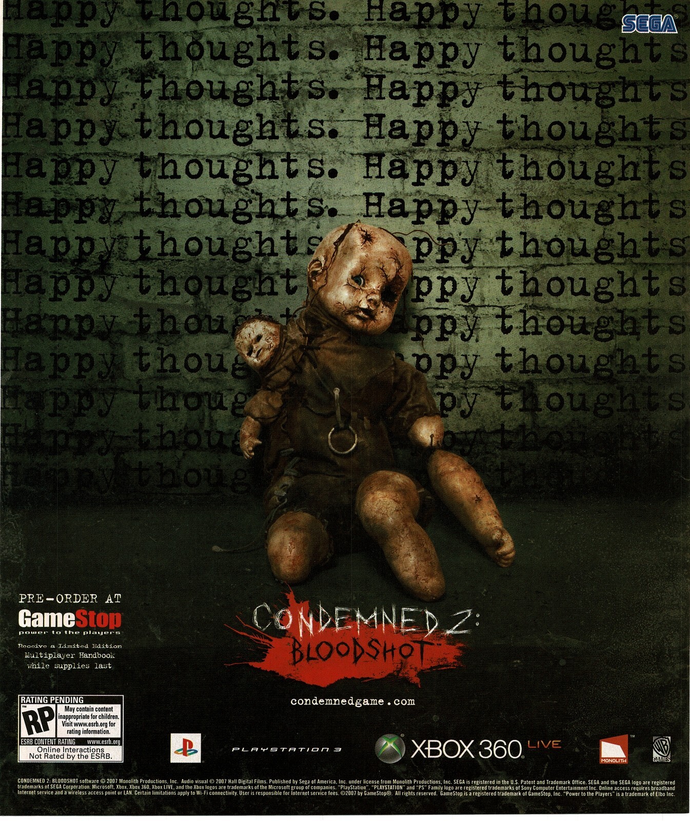 2008 Condemned 2 Bloodshot Video Game Vintage Print Ad Creepy Scary Doll
