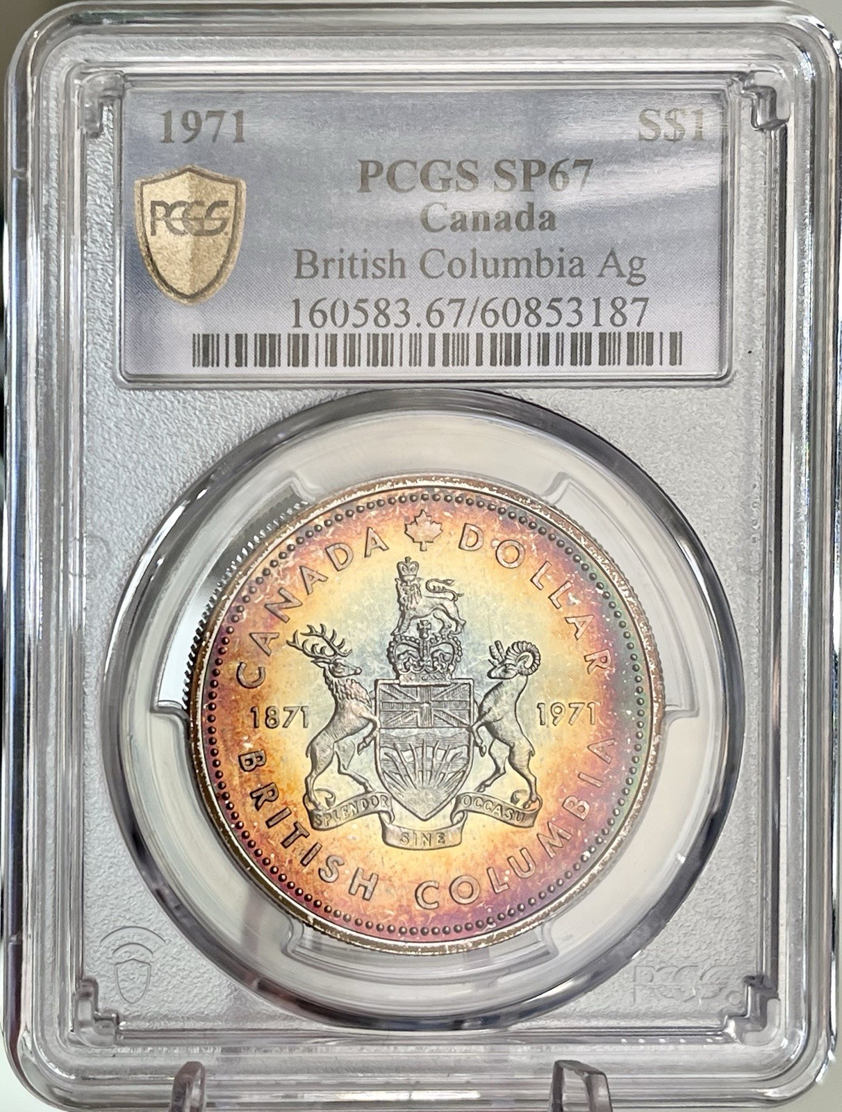 1971 Canada Silver Dollar BC PCGS SP67 Rainbow Toning British Columbia