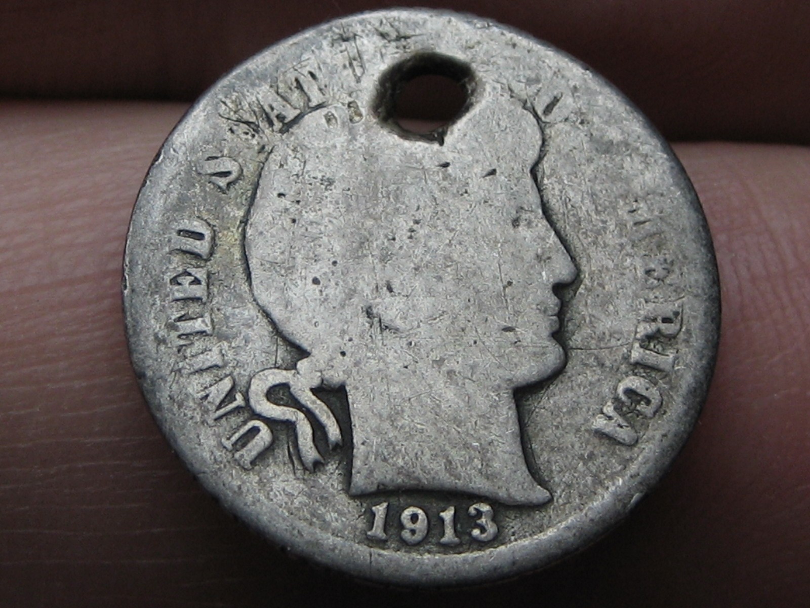 1913 P or S Silver Barber Dime- About Good Details, Holed for Necklace